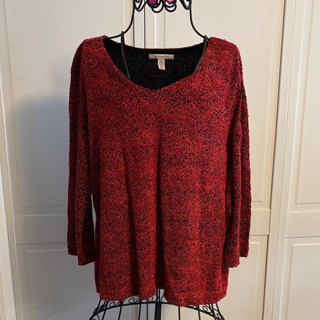 Jm Collection V-Neck Top In Red And Black